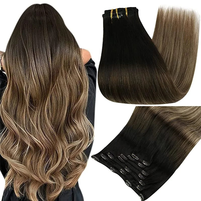 100% Human Hair Clip-In Extensions – Double Weft, 7PCS Set, 105g, for Women