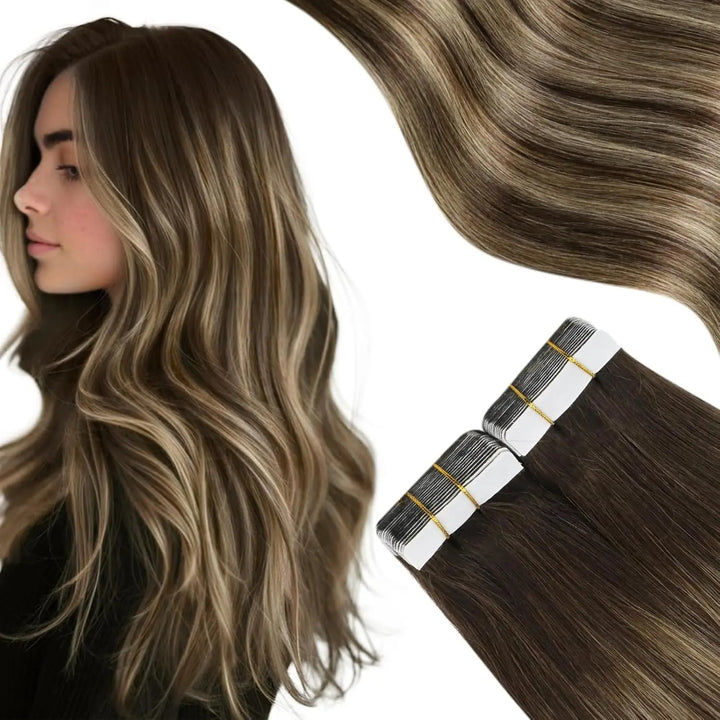 Tape-In Hair Extensions – Natural Black, Straight, 100% Real Remy Human Hair, Seamless Adhesive Tape Extensions