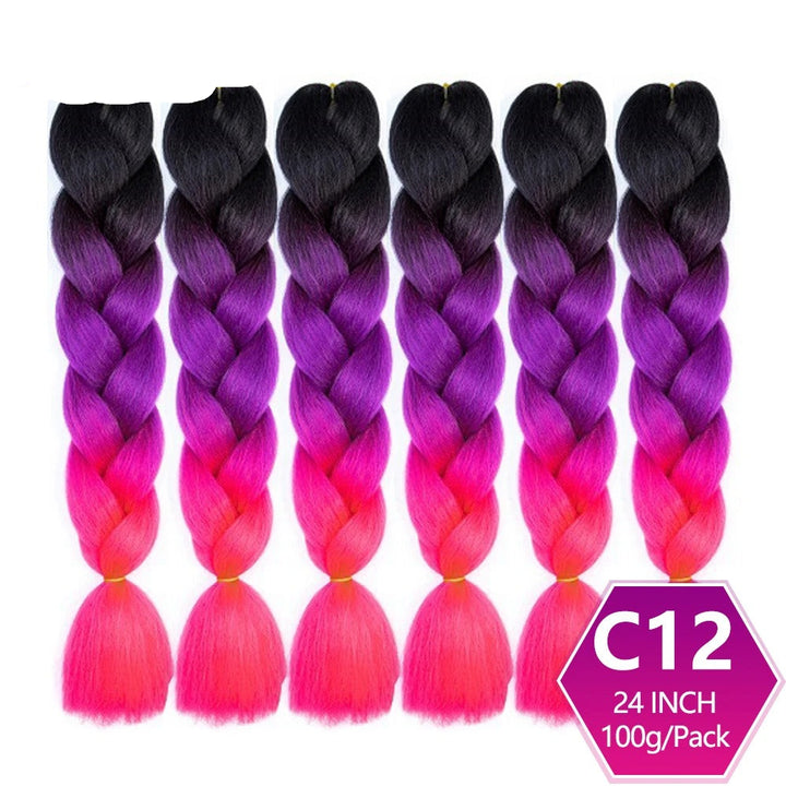Set of braided hair extensions with black, purple, and pink gradient in packaging labeled