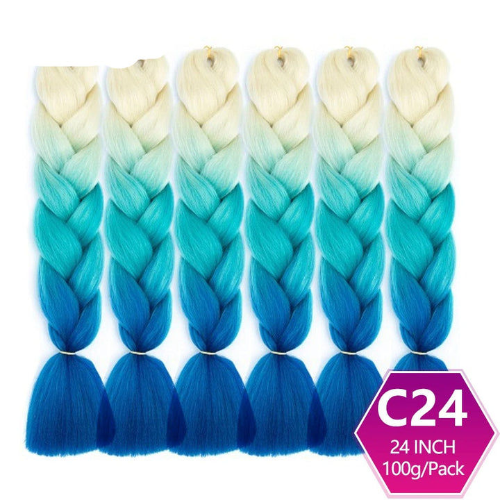 Five braided hair extensions with a gradient of blue and white