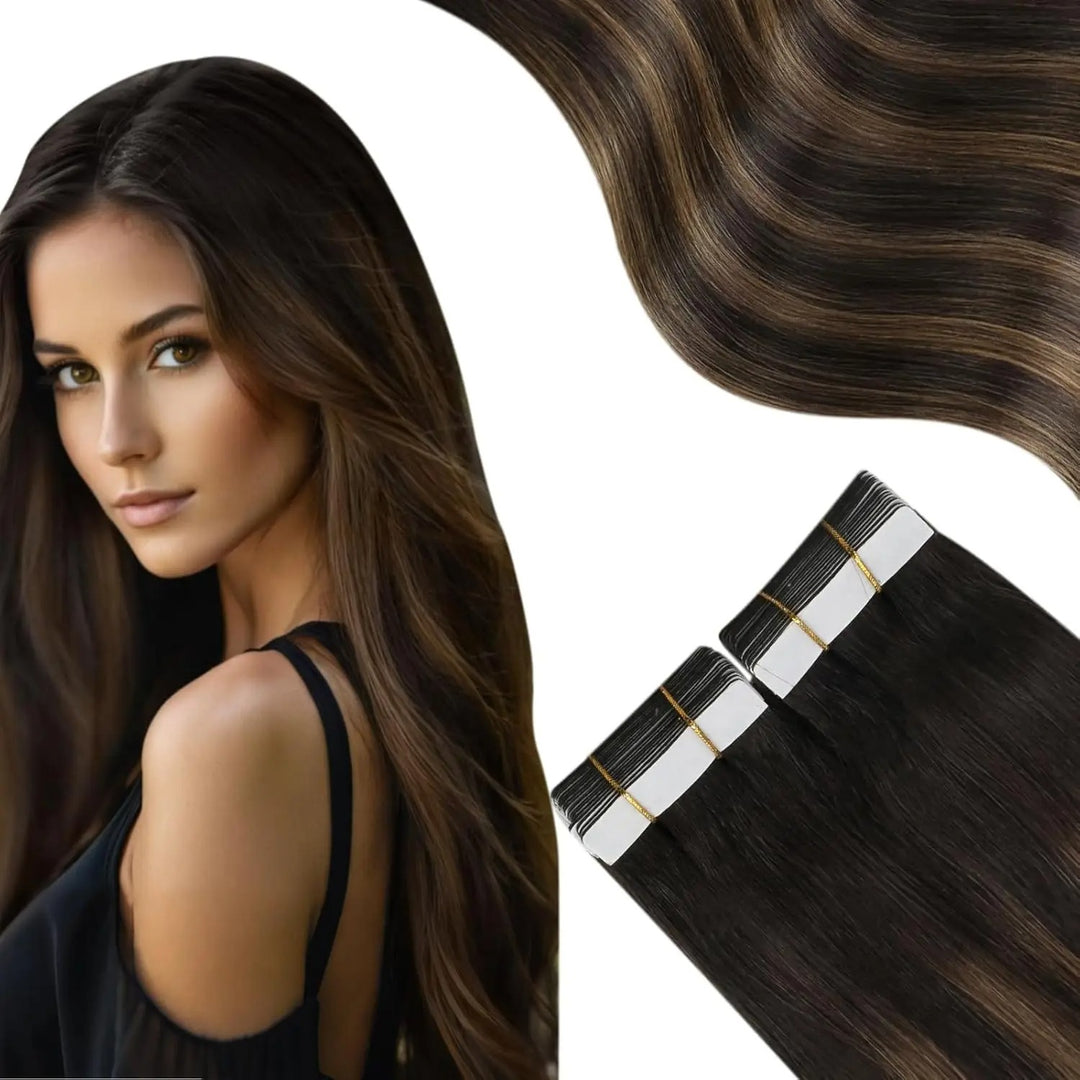 Tape-In Hair Extensions – Natural Black, Straight, 100% Real Remy Human Hair, Seamless Adhesive Tape Extensions