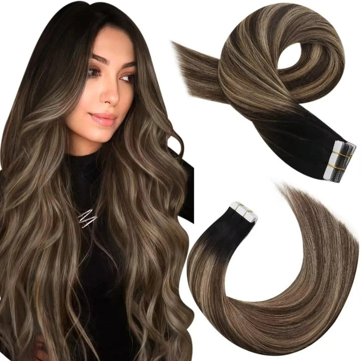 Tape-In Human Hair Extensions – Balayage Blonde, Remy Hair, Seamless Skin Weft, Silky Straight, 100% Natural Soft Hair