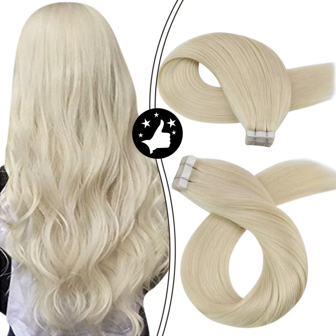 Tape-In Human Hair Extensions – Remy 100% Real Human Hair, Silky Straight, Ash Blonde with Highlights – Seamless, Natural Look, 20pcs