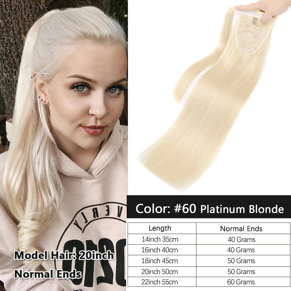 Ponytail Human Hair – Real Remy Hair Clip-In Wrap Around Ponytail Extension | Natural Straight Hair Extensions | Blonde, Brown, Black