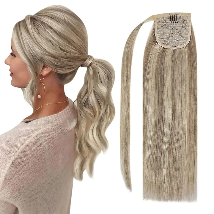 Ponytail Human Hair Straight 80g Clip in Hair Extensions Human 14-22" Natural Hair Horse Tails No Claw Clip