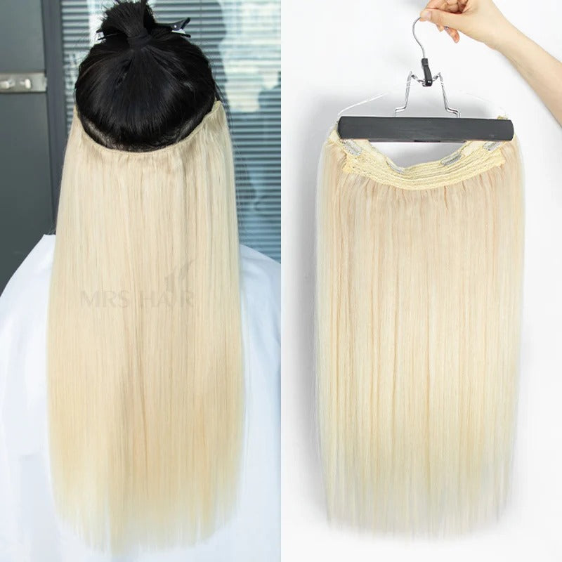 Invisible Wire Line Clip-in Human Hair Extensions - One Piece Straight Blonde Natural Hair Extensions in lengths 12" to 24" with Fish Line and 4 Clips.