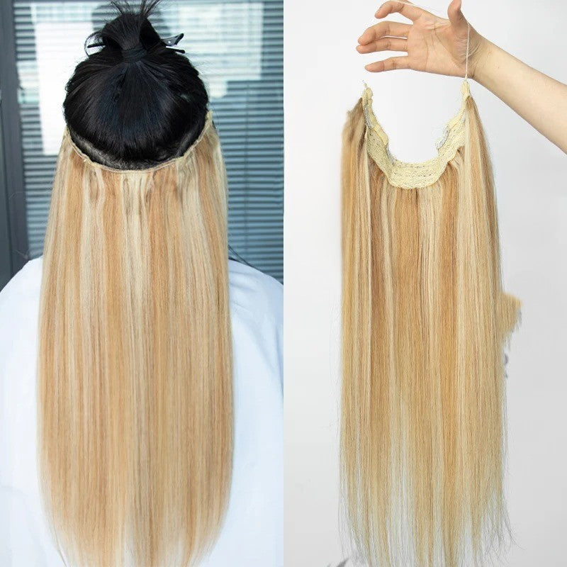 Fish Line Wire Hair Extensions - Invisible Clip-in Human Hair Extensions with 4 Clips. Made from real natural hair, available in lengths of 12-24 inches.