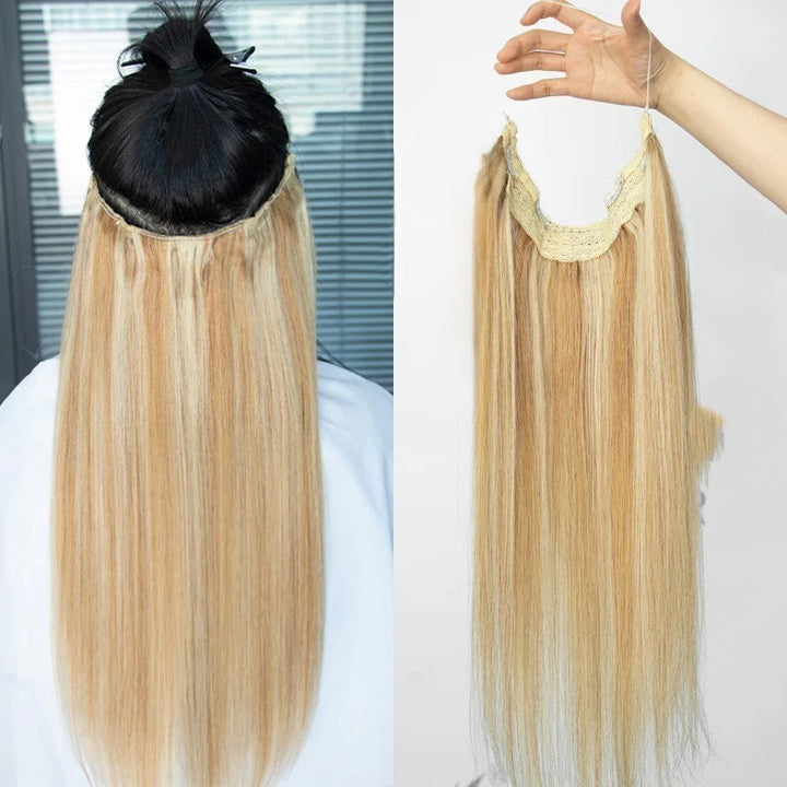 Fish Line Wire Hair Extensions - Invisible Clip-in Human Hair Extensions with 4 Clips. Made from real natural hair, available in lengths of 12-24 inches.