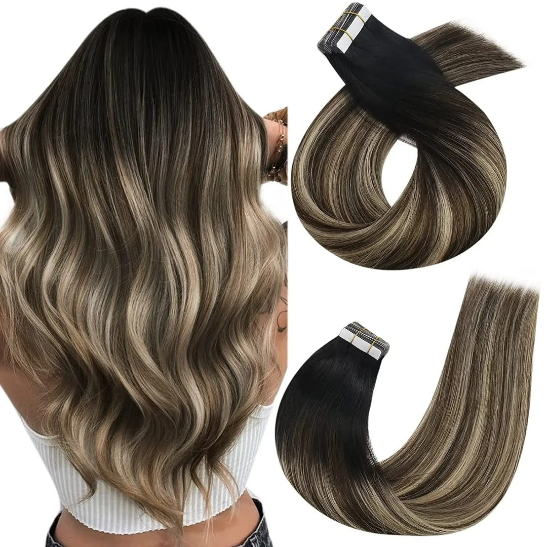 Tape-In Human Hair Extensions – Balayage Blonde, Remy Hair, Seamless Skin Weft, Silky Straight, 100% Natural Soft Hair