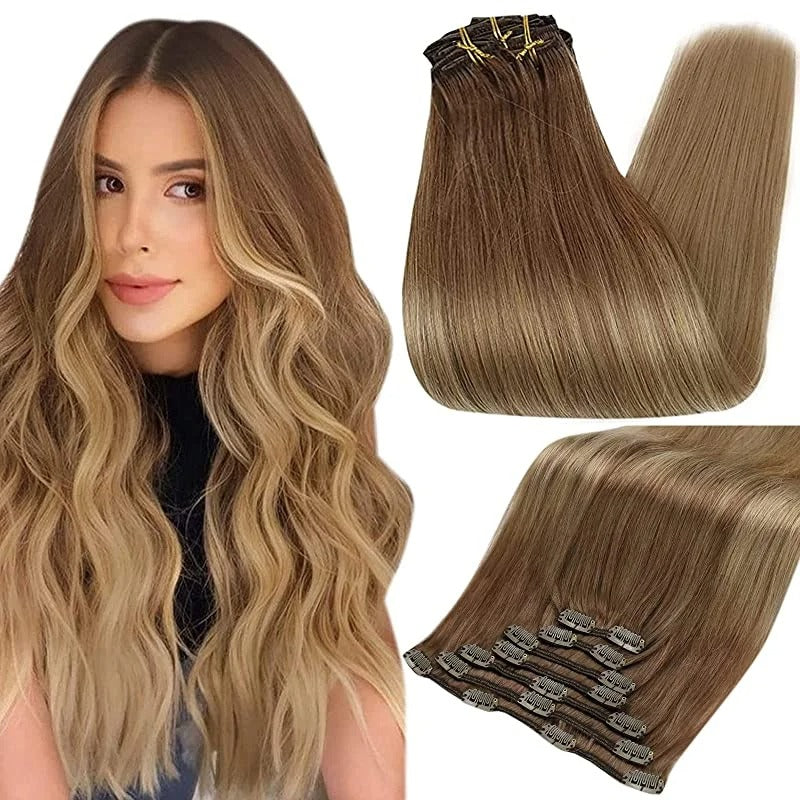 100% Human Hair Clip-In Extensions – Double Weft, 7PCS Set, 105g, for Women