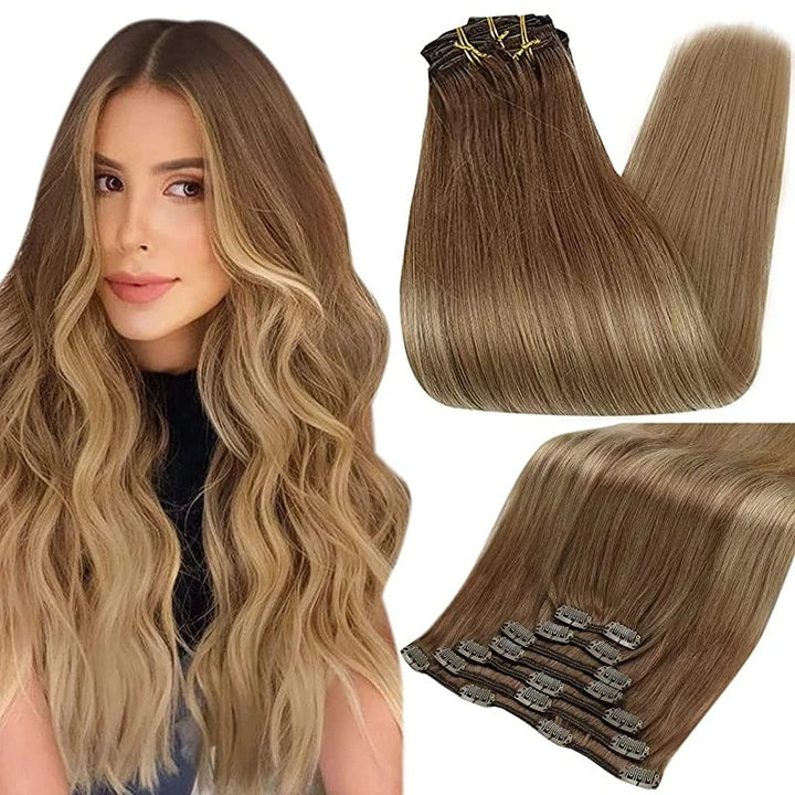 100% Human Hair Clip-In Extensions – Double Weft, 7PCS Set, 105g, for Women