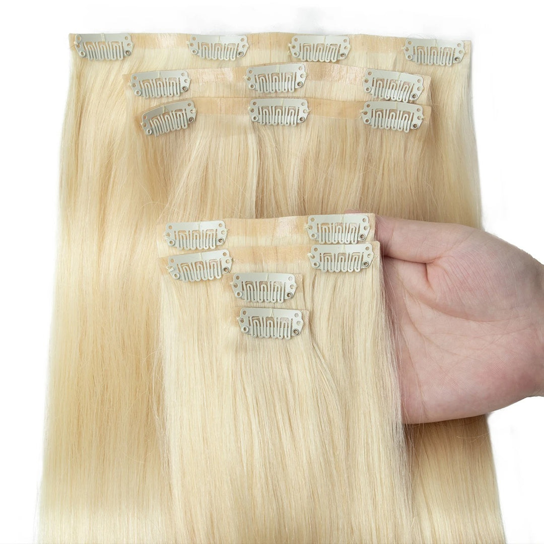 Invisible Seamless PU Clip-In Human Hair Extensions – Thick PU Weft 7PCS Set | 100g-120g, 12"–24" | Raw Human Hair Clip-On