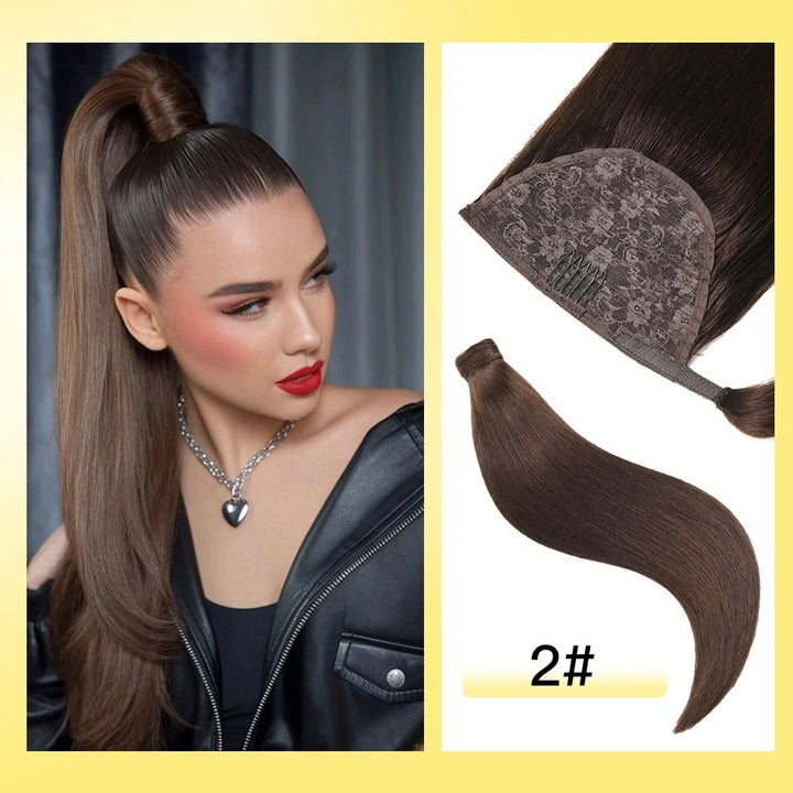 100% Remy Human Hair Highlight Wrap Around Ponytail – Brazilian Straight MagicTie Extension