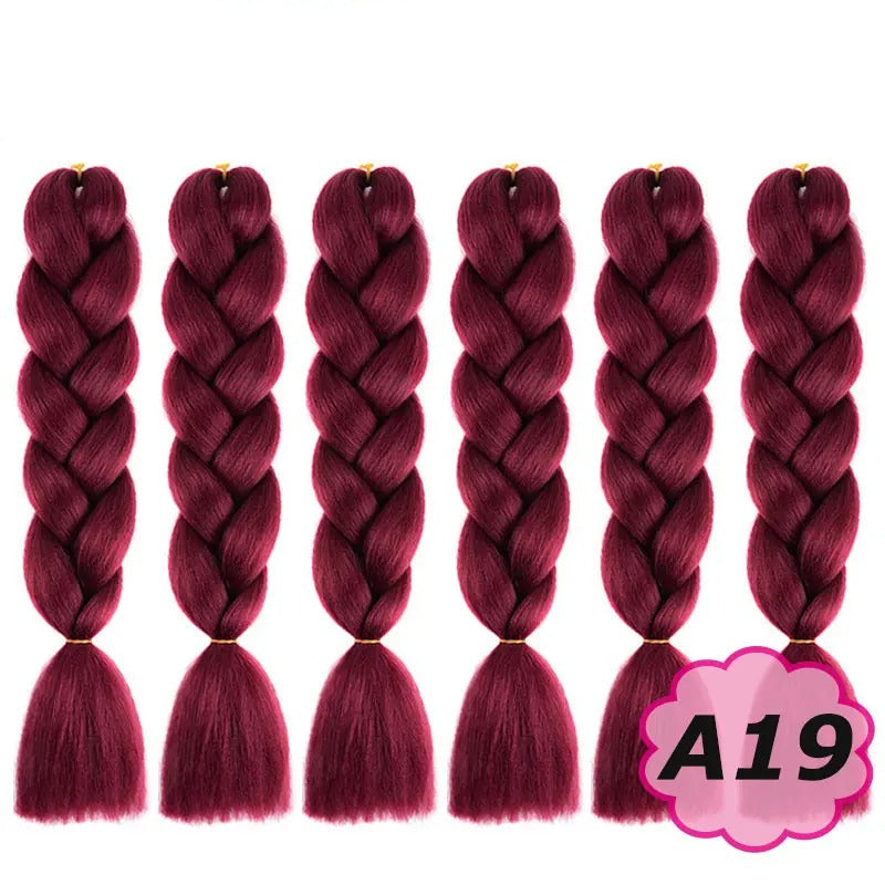 Six braided hair extensions in burgundy color with branding on a white background.