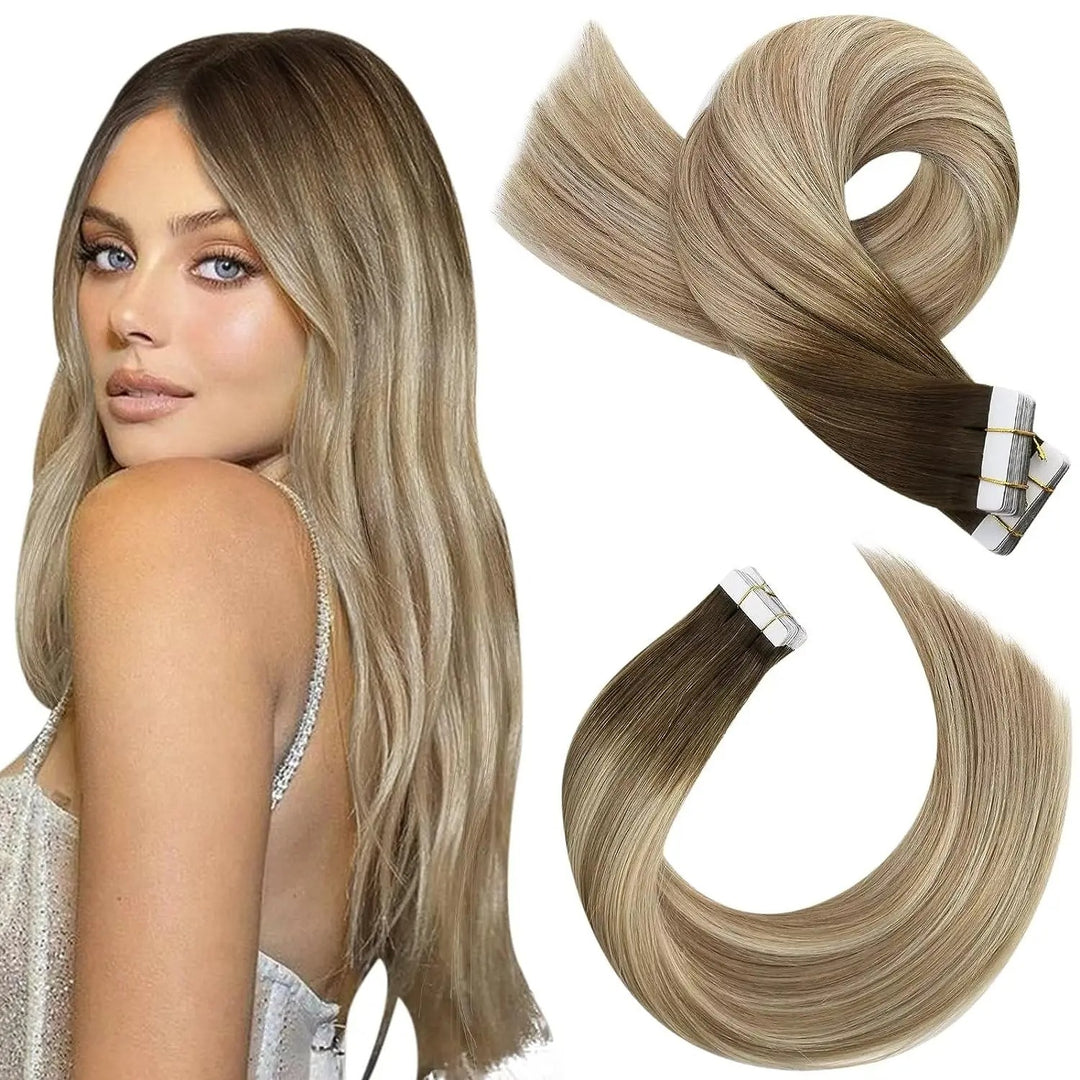 Tape-In Human Hair Extensions – Balayage Blonde, Remy Hair, Seamless Skin Weft, Silky Straight, 100% Natural Soft Hair