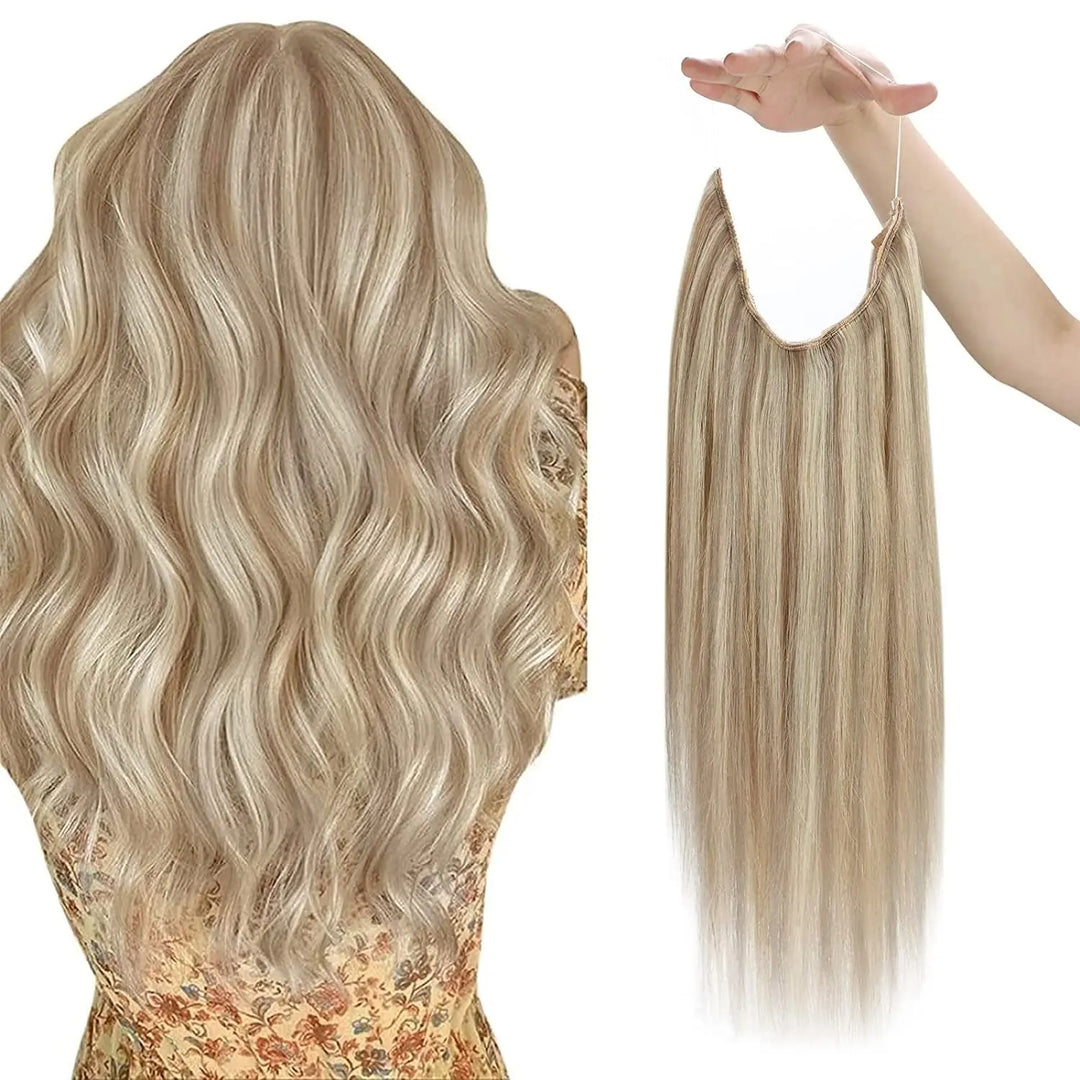 Invisible Fish Line Human Hair Extension – Natural One-Piece Wire Hair Weft with 2 Clips | Machine-Made Blonde Hair