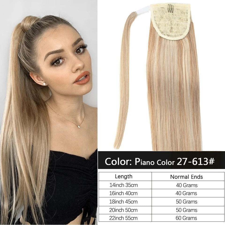 Ponytail Human Hair – Real Remy Hair Clip-In Wrap Around Ponytail Extension | Natural Straight Hair Extensions | Blonde, Brown, Black