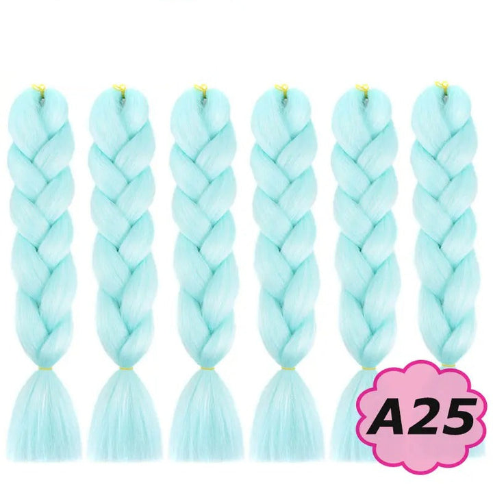 Light blue braided hair extensions with branding on a white background.