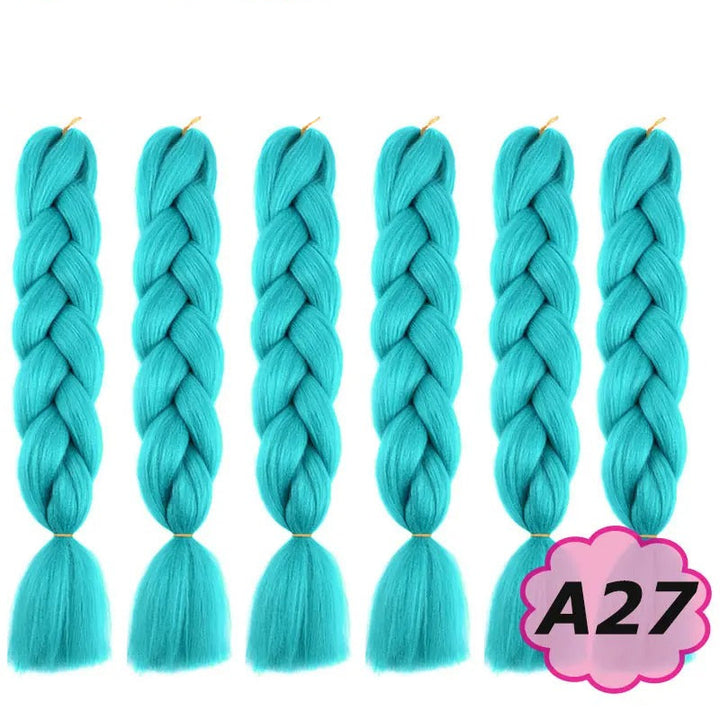 Turquoise braided hair extensions with  branding on a white background.