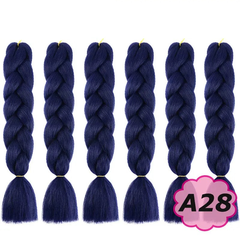 Set of blue braided hair extensions with  branding and color code A28.