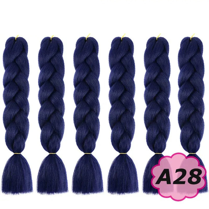 Set of blue braided hair extensions with  branding and color code A28.