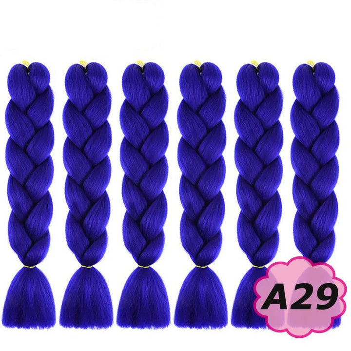 Blue braided hair extensions with  branding on a white background