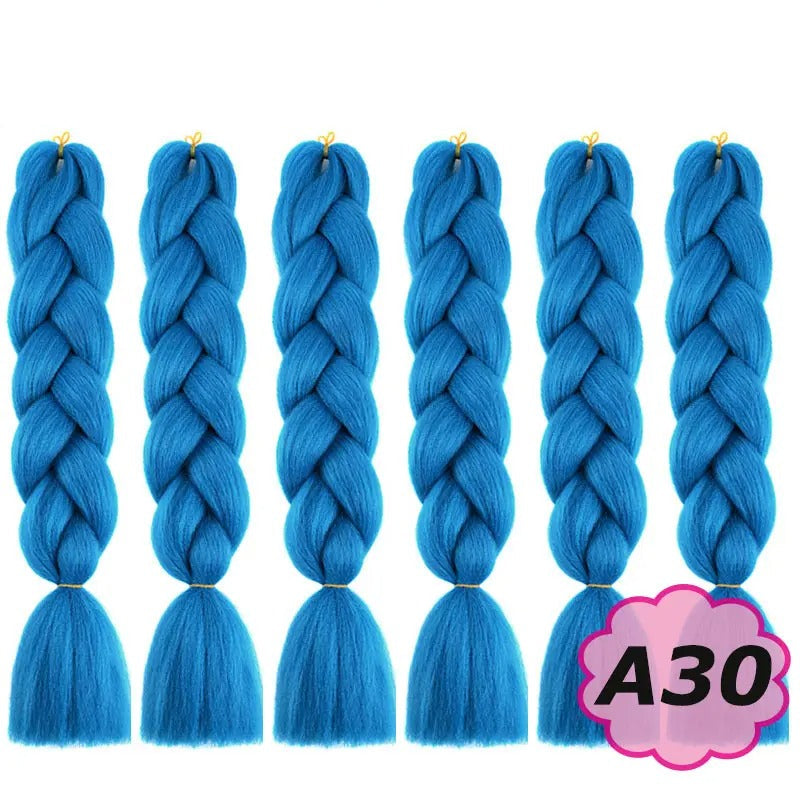 Blue braided hair extensions with  on a white background.