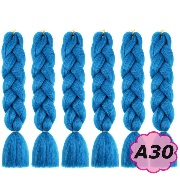 Blue braided hair extensions with  on a white background.