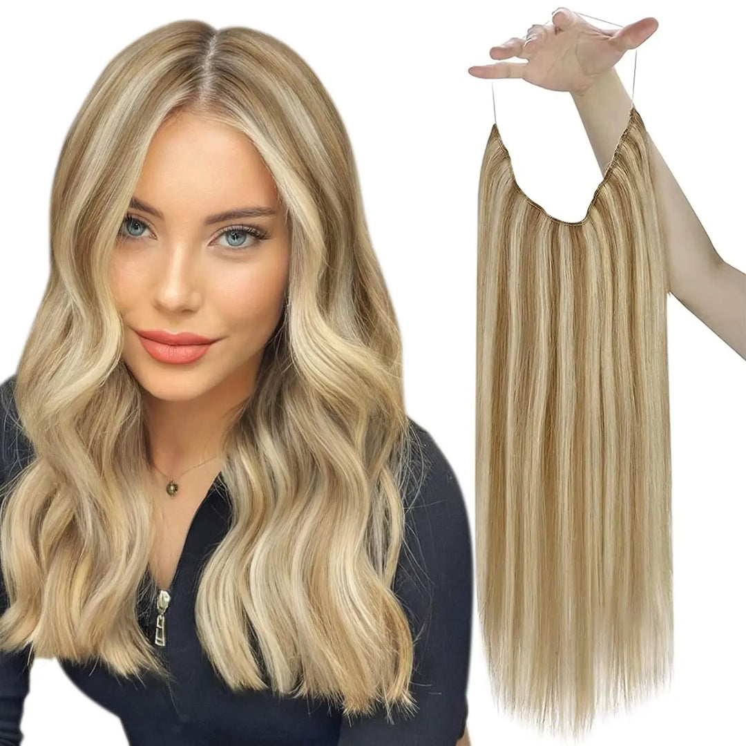 Invisible Fish Line Human Hair Extension – Natural One-Piece Wire Hair Weft with 2 Clips | Machine-Made Blonde Hair