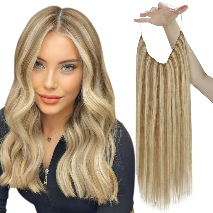 Invisible Fish Line Human Hair Extension – Natural One-Piece Wire Hair Weft with 2 Clips | Machine-Made Blonde Hair