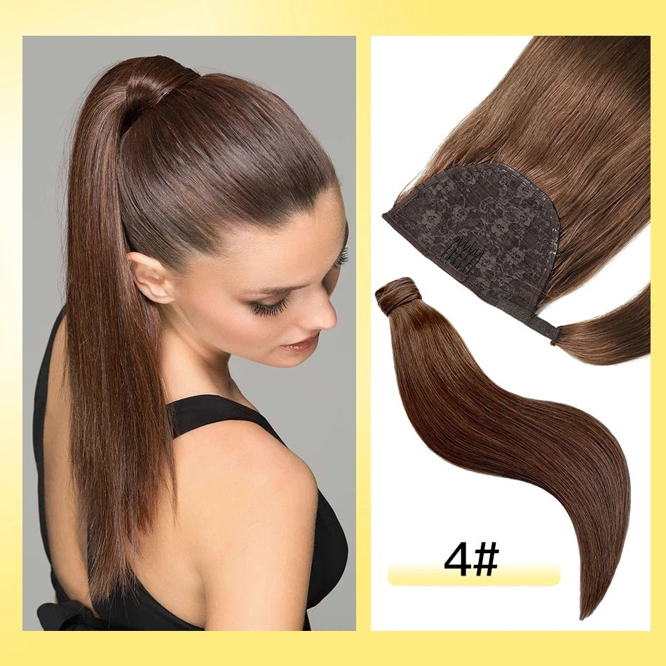 100% Remy Human Hair Highlight Wrap Around Ponytail – Brazilian Straight MagicTie Extension