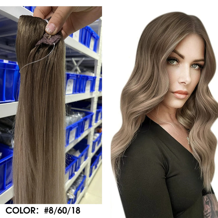 Invisible Fish Line Hair Extensions – One Piece Remy Human Hair with Clips | Blonde, Black, Gray
