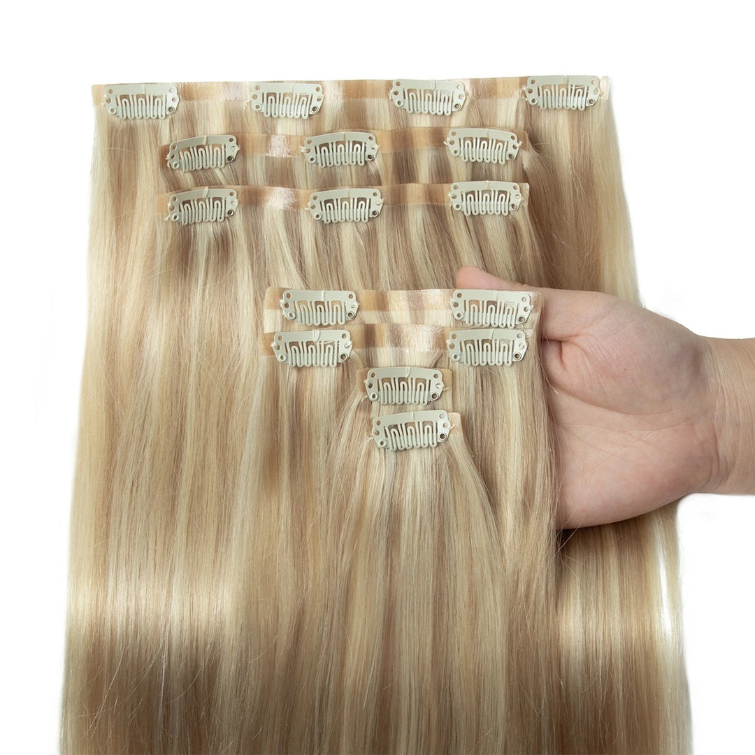 Invisible Seamless PU Clip-In Human Hair Extensions – Thick PU Weft 7PCS Set | 100g-120g, 12"–24" | Raw Human Hair Clip-On