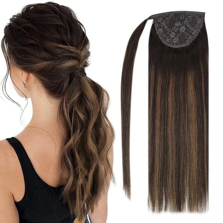 Ponytail Human Hair Straight 80g Clip in Hair Extensions Human 14-22" Natural Hair Horse Tails No Claw Clip