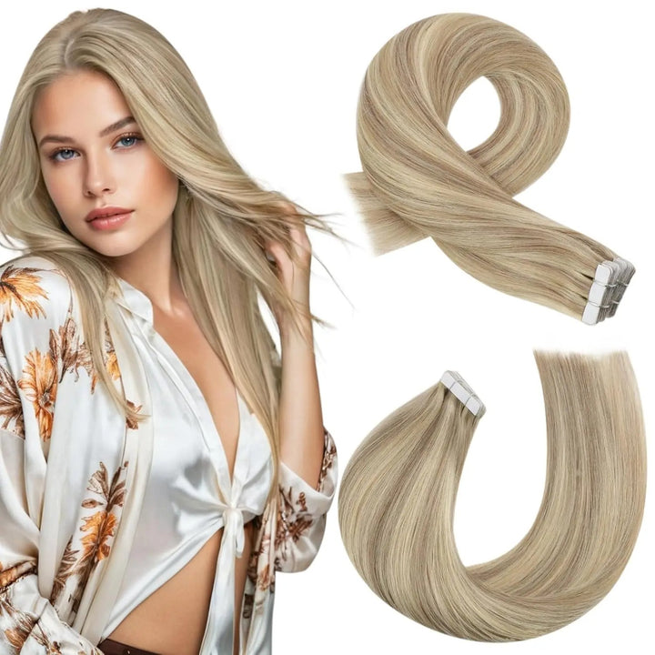 Tape-In Human Hair Extensions – Balayage Blonde, Remy Hair, Seamless Skin Weft, Silky Straight, 100% Natural Soft Hair