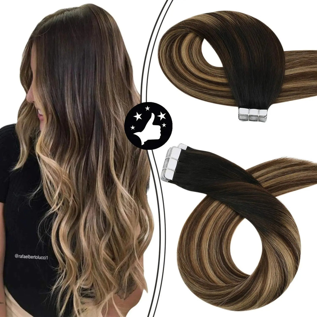 Tape-In Human Hair Extensions – Remy 100% Real Human Hair, Silky Straight, Ash Blonde with Highlights – Seamless, Natural Look, 20pcs