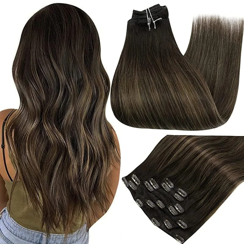 100% Human Hair Clip-In Extensions – Double Weft, 7PCS Set, 105g, for Women
