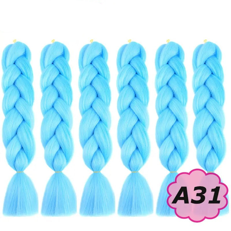 Blue braided hair extensions with  on a white background.
