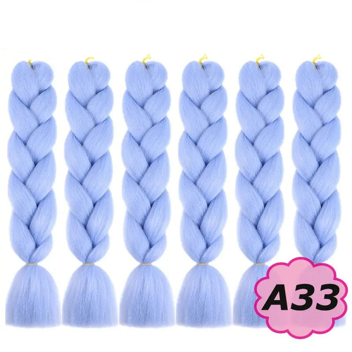 Six braided hair extensions in light blue color with branding.