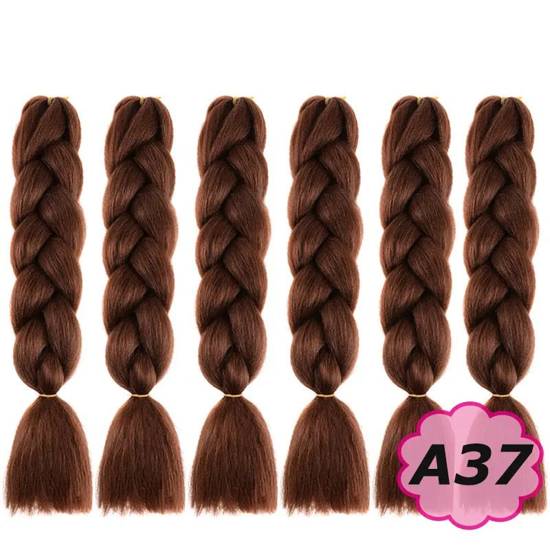 Six braided hair extensions with branding on a white background.