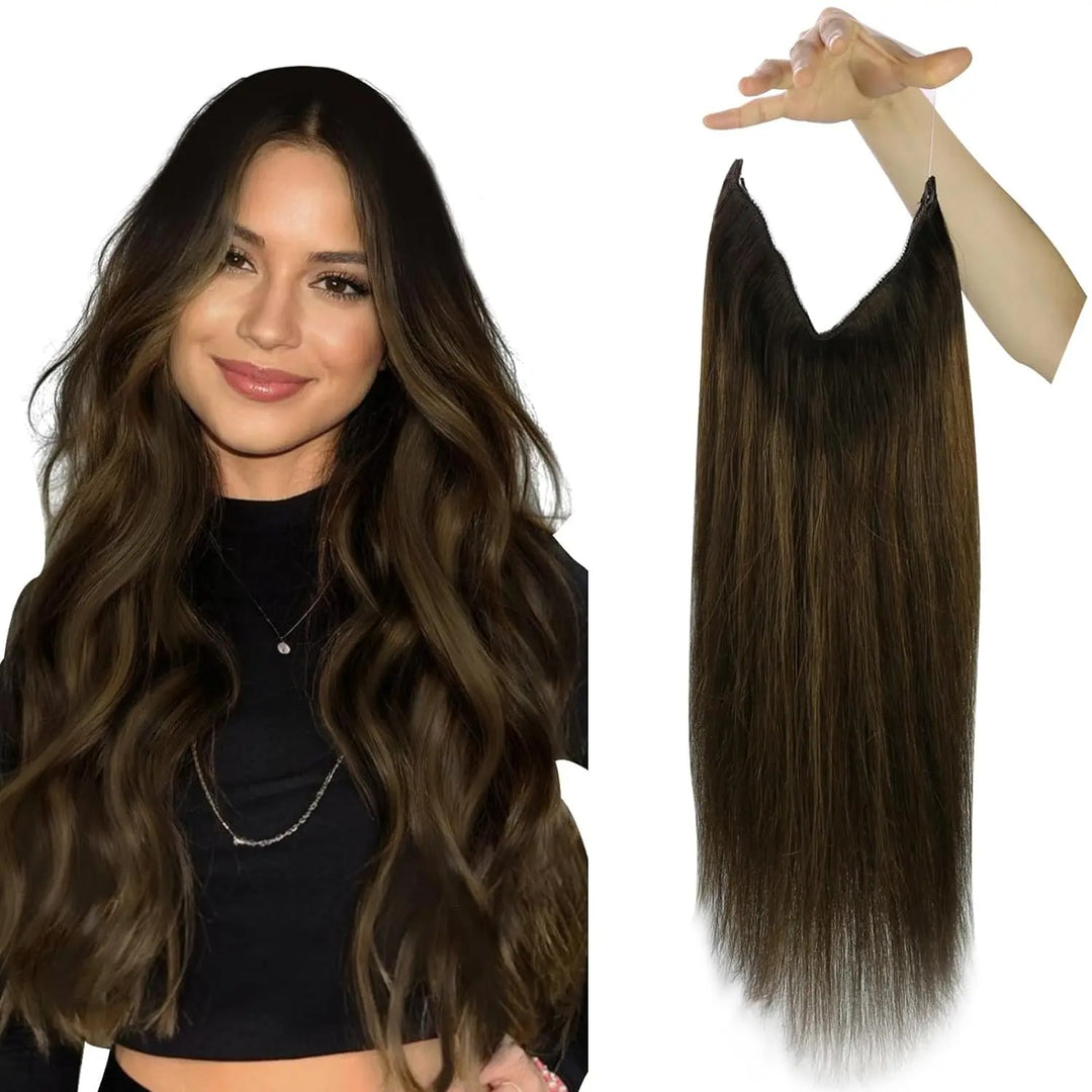 Invisible Fish Line Human Hair Extension – Natural One-Piece Wire Hair Weft with 2 Clips | Machine-Made Blonde Hair