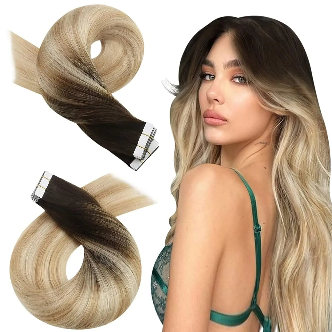 Tape-In Human Hair Extensions – Remy 100% Real Human Hair, Silky Straight, Ash Blonde with Highlights – Seamless, Natural Look, 20pcs
