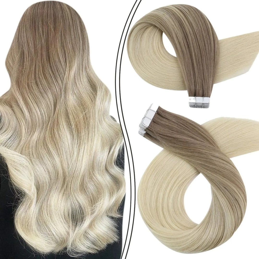 Tape-In Human Hair Extensions – Balayage Blonde, Remy Hair, Seamless Skin Weft, Silky Straight, 100% Natural Soft Hair