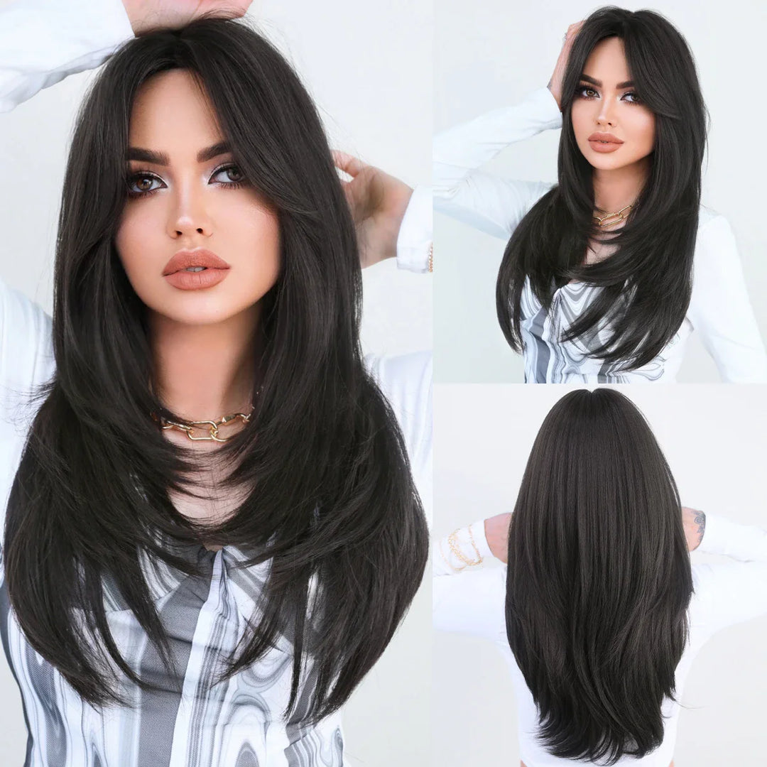 Green Highlight Layered Wig with Curtain Bangs, Synthetic Heat Resistant Hair Wig for Women.