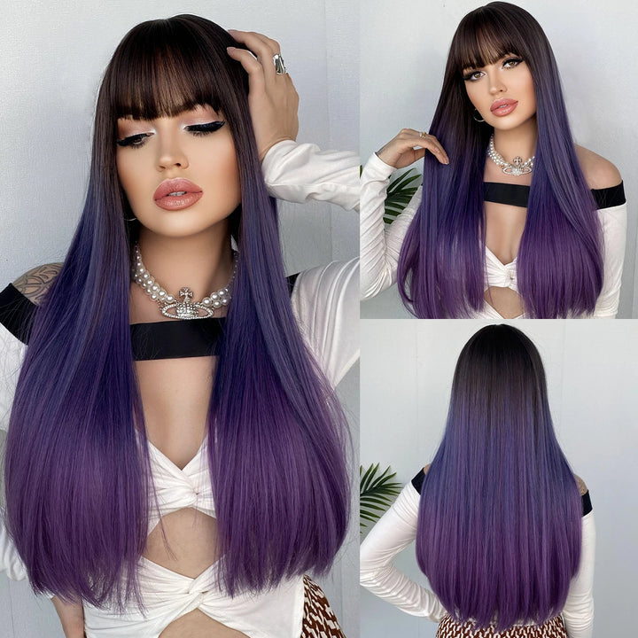 Turquoise Ombre Synthetic Wig with Bangs - Heat Resistant, Bluish Green with Black Roots for a Natural Look.