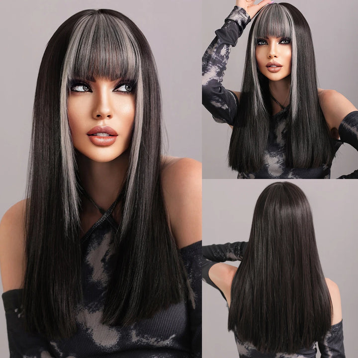 Turquoise Ombre Synthetic Wig with Bangs - Heat Resistant, Bluish Green with Black Roots for a Natural Look.