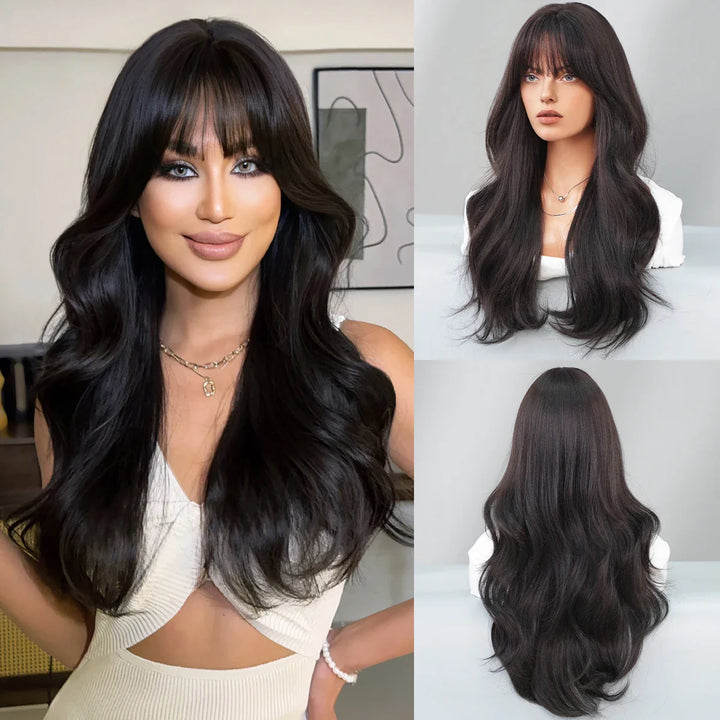 30-inch long curly highlighted brown synthetic hair wig. Made from heat-resistant fiber for a natural matte finish. Peluca.
