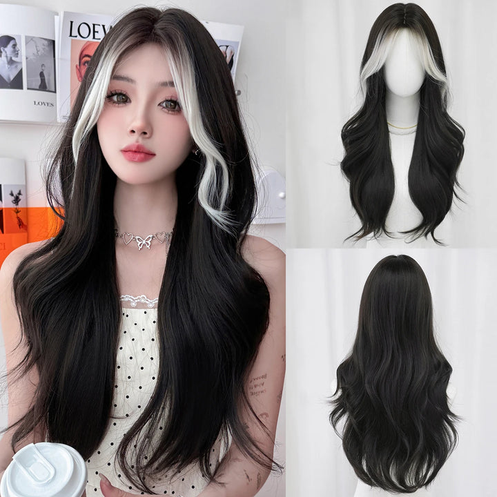 28-inch long highlighted black curly hair with bangs synthetic matte hair wig for women. Heat resistant.