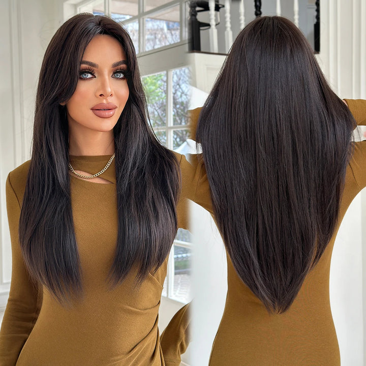 28-inch Layered Long Straight Black Middle-Parted Synthetic Matte Hair Wig for Women, Heat Resistant.