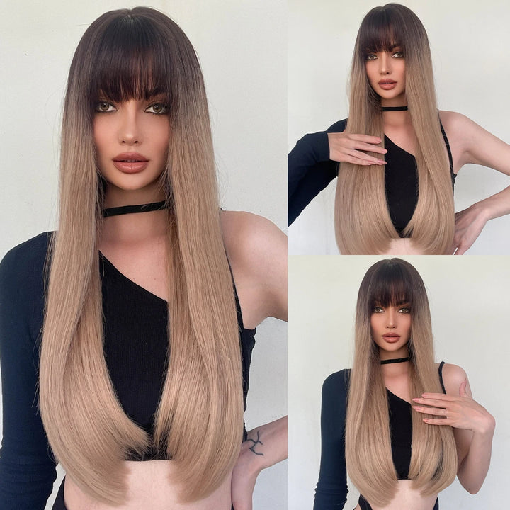 Turquoise Ombre Synthetic Wig with Bangs - Heat Resistant, Bluish Green with Black Roots for a Natural Look.
